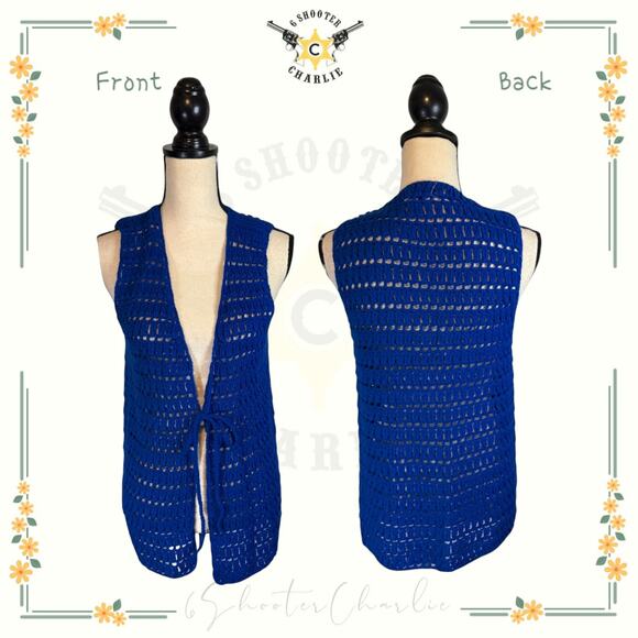 VTG Full Fashioned Designed For Gals Blue Crochet Vest Tie Front Women's Size 38 - Picture 1 of 6